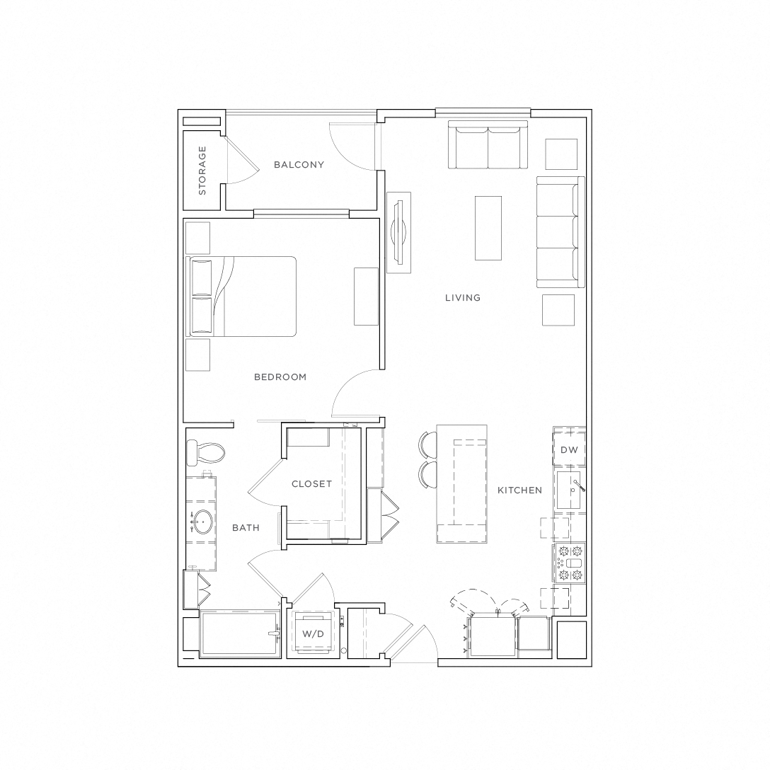 Floor plan for 1 bed, 1 bath, 836 sqft